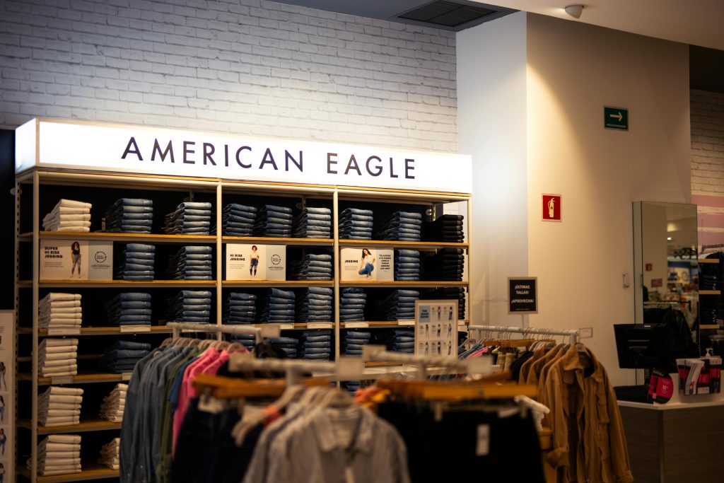 American eagle store in a mall with clothes on display